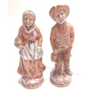 Farm Couple Vintage Figurines Garden Cottage Country Life Basket of Veggies